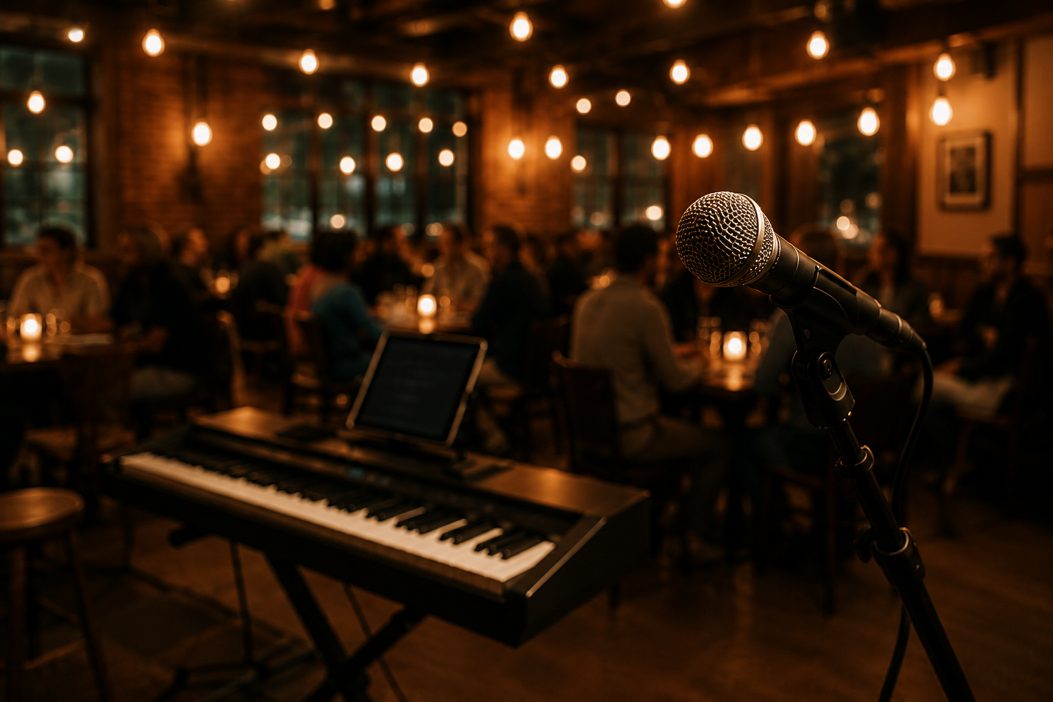 Working musician setup with a microphone and keyboard in a warmly lit intimate venue.